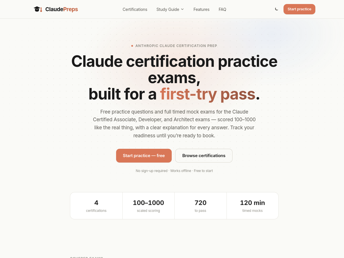 ClaudePreps — certification practice exams
